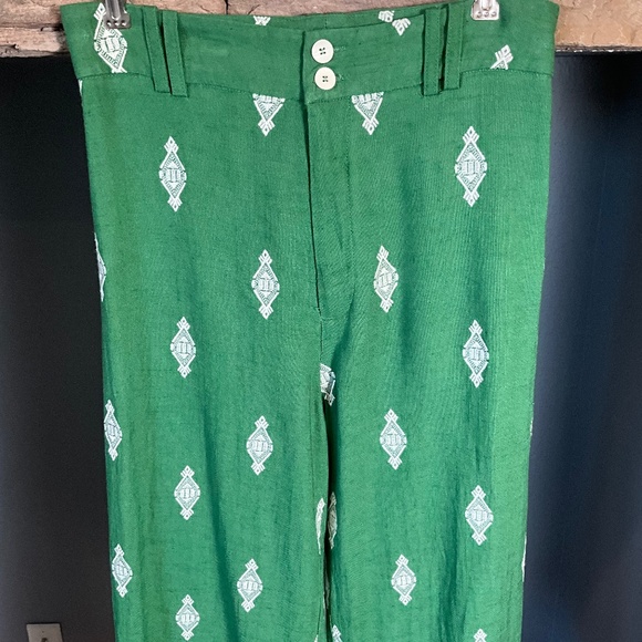 Zara Linen Embroidered Wide Leg Pants Lounge Travel Resortwear Green White S - Picture 4 of 10